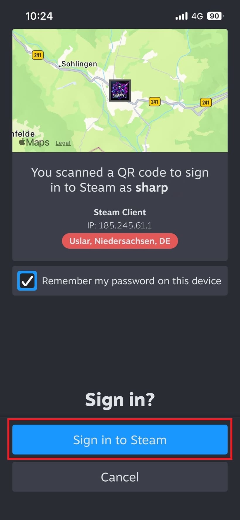 Step 1: Approve the sign-in — tap Sign in to Steam