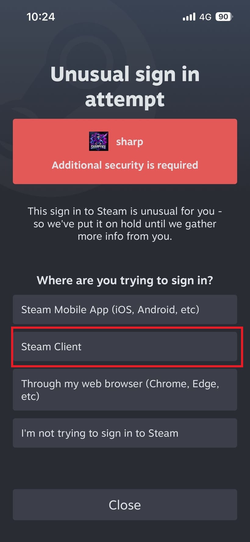 Step 2: Where are you signing in? — tap Steam Client