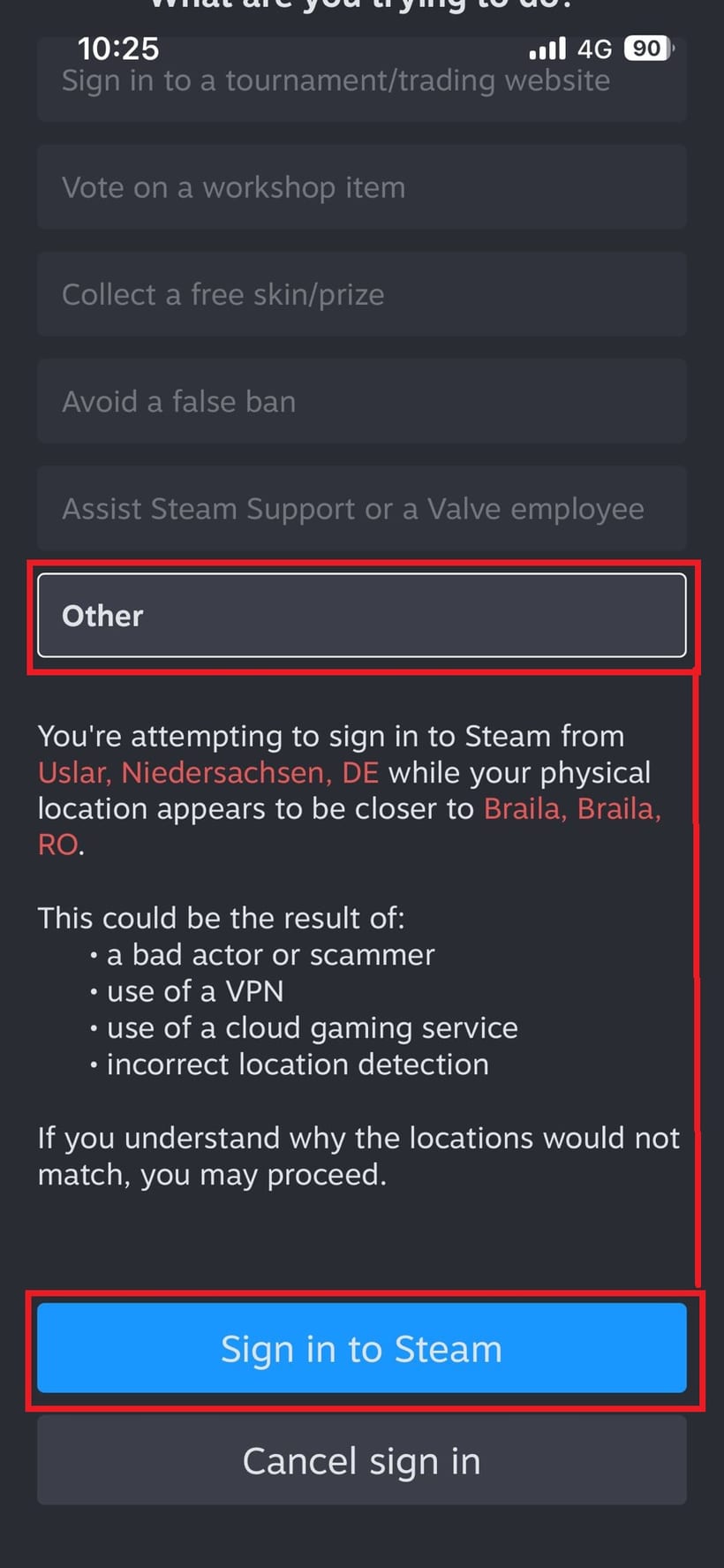 Step 5: Confirm the notice — tap Sign in to Steam